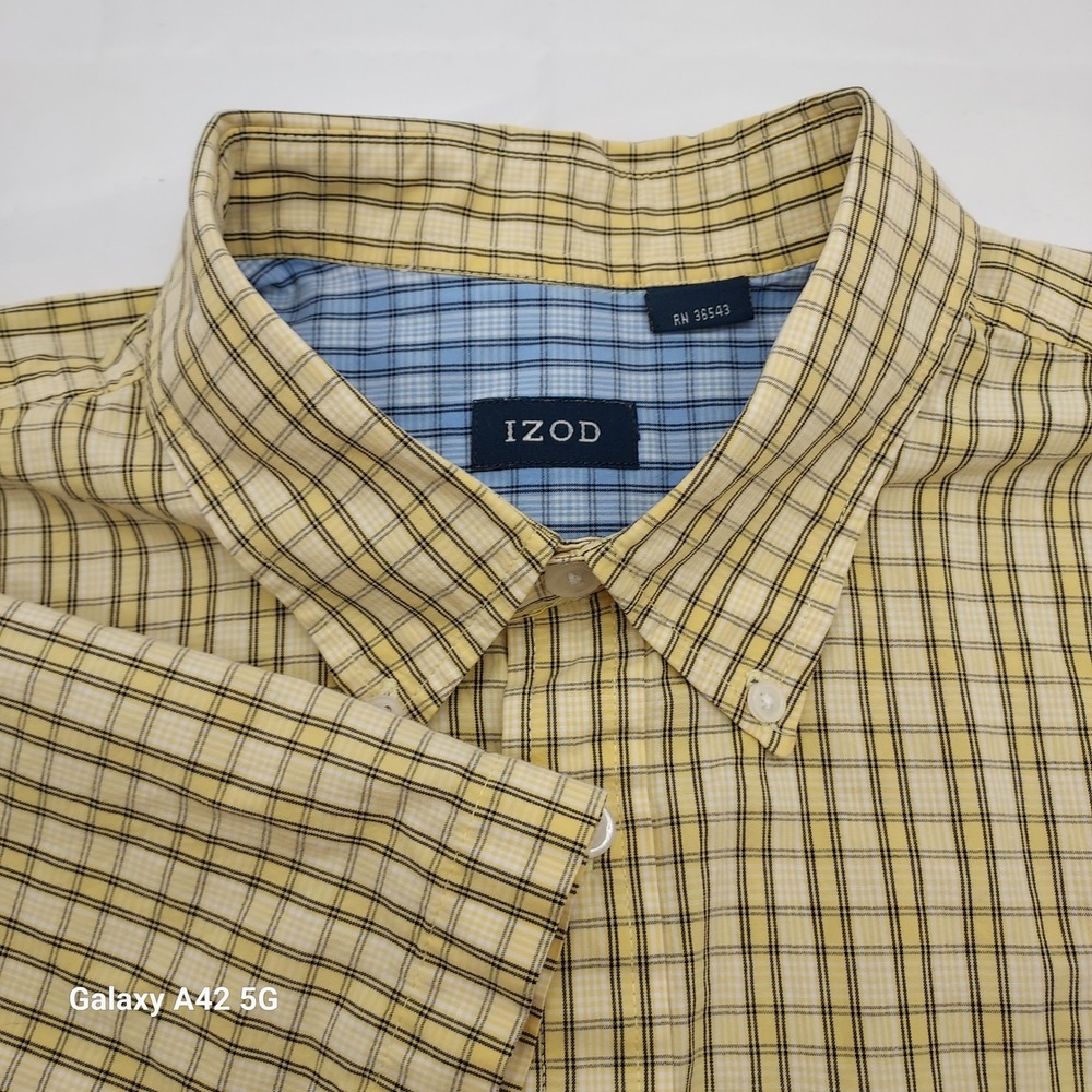 IZOD Mens XL Yellow Black Plaid Short Sleeve Button Down Cotton Shirt PC-728